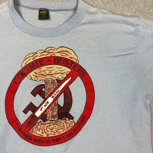 Vtg Jerzees Russell Commie Busters T Shirt L Blue Single Stitch MAFB 80s